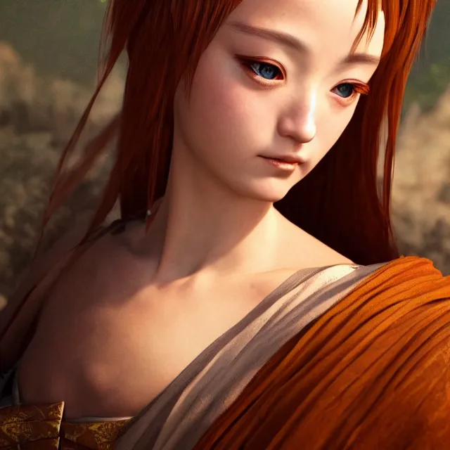 Image similar to perfectly centered close up portrait, anime goddess, candid photography, by leonardo da vinci, highly detailed, character concept, unreal engine 5
