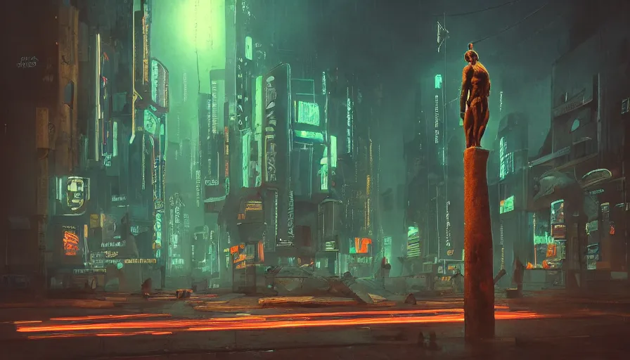 Prompt: a small weathered ancient greek sculpture standing in a square, surrounding by of cyberpunk city, neon sign, bladerunner, digital illustration, artstation, cinematic composition