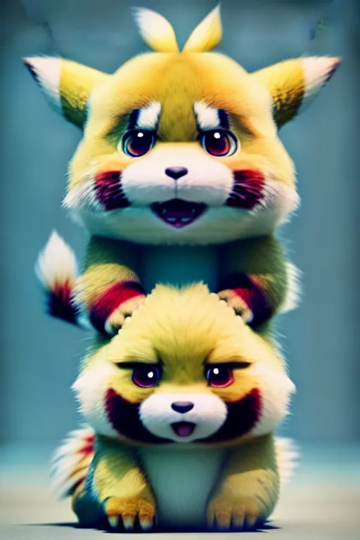 Image similar to high quality 3 d render hyperrealist fluffy very cute pastel grumpy dragon & red panda hybrid eating cheese, vray smooth, in the style of detective pikachu, very dramatic light, low angle, uhd 8 k, shallow depth or field