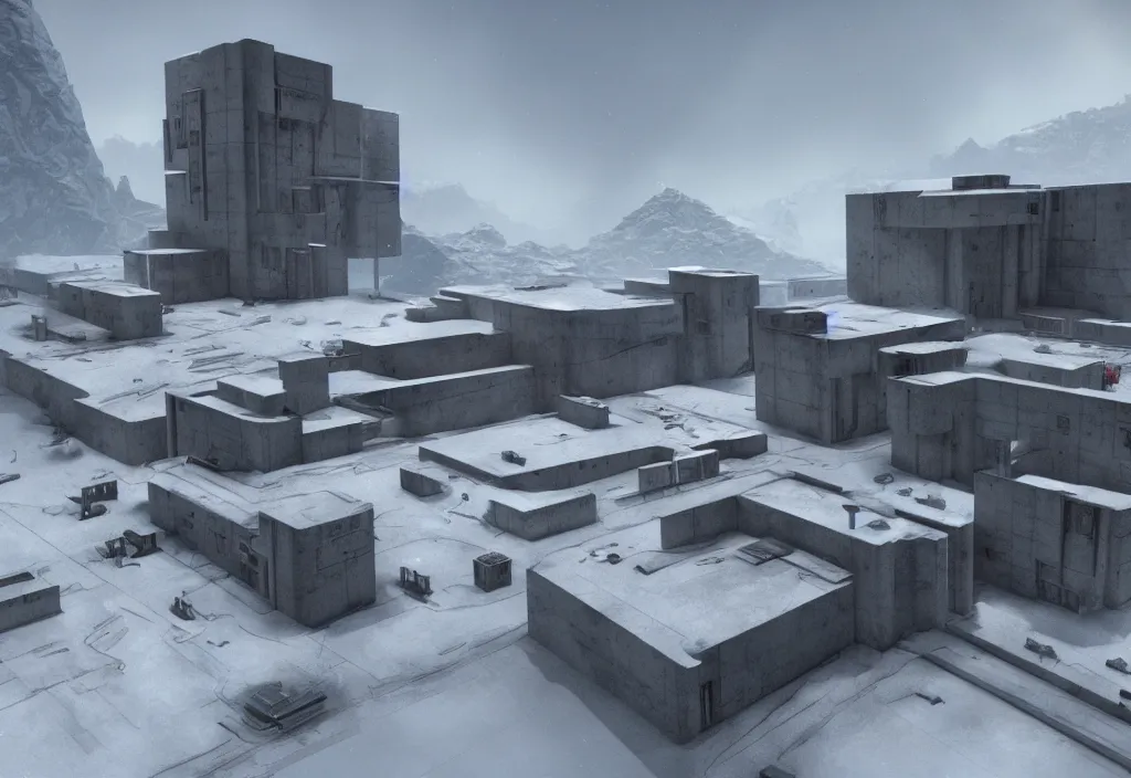 Image similar to Small brutalist modern concrete building on a cold, snowy hill. Concept art, star citizen.