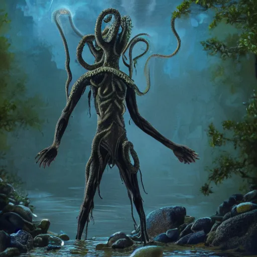 Image similar to a cinematic painting of alien tentacles emerging from the water of a river, a single human godly like figure stands on the riverbed watching, fire blowing the leaves from the trees