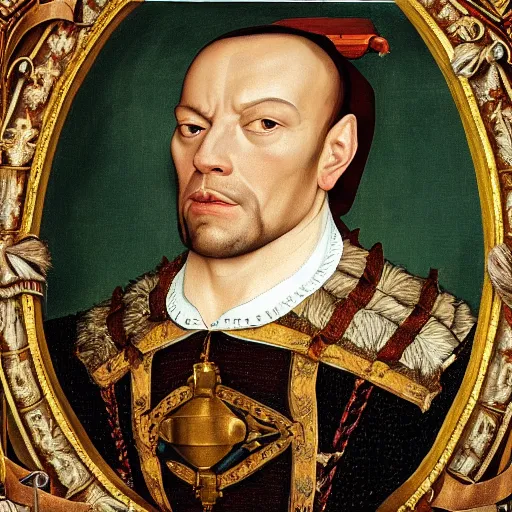 Image similar to a highly detailed portrait of dwane the rock johnson, wearing elegant tudor clothes, inside a room with thick red tapestries, oil painting by hans holbein and alessandro allori and richard burbage