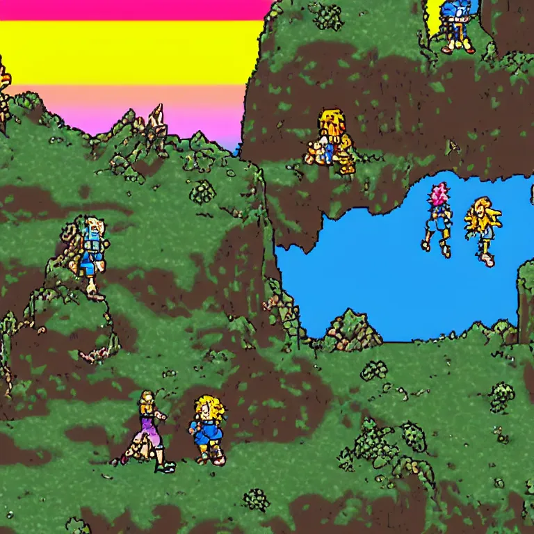 Prompt: screenshot from chrono trigger, pixel art of a dramatically lit night time scene of two colorful hikers wearing headphones and backpacks dancing quietly on a low rocky outcrop overlooking a wavy sea