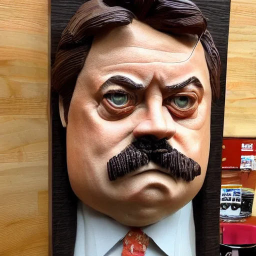 Prompt: ron Swanson made with bacon, sculpture, highly detailed