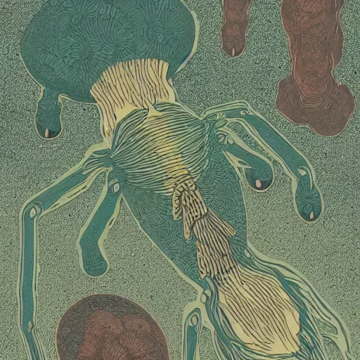 Prompt: small unknown creature releasing spores from appendages on it's back, on ancient paper, victo ngai