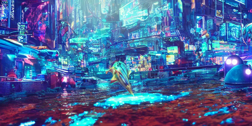 Prompt: Cybernetic fish jumping out of a river of fluorescent blue battery acid in a cyberpunk city, ultra-realistic, dramatic lighting, HDR, 8K resolution