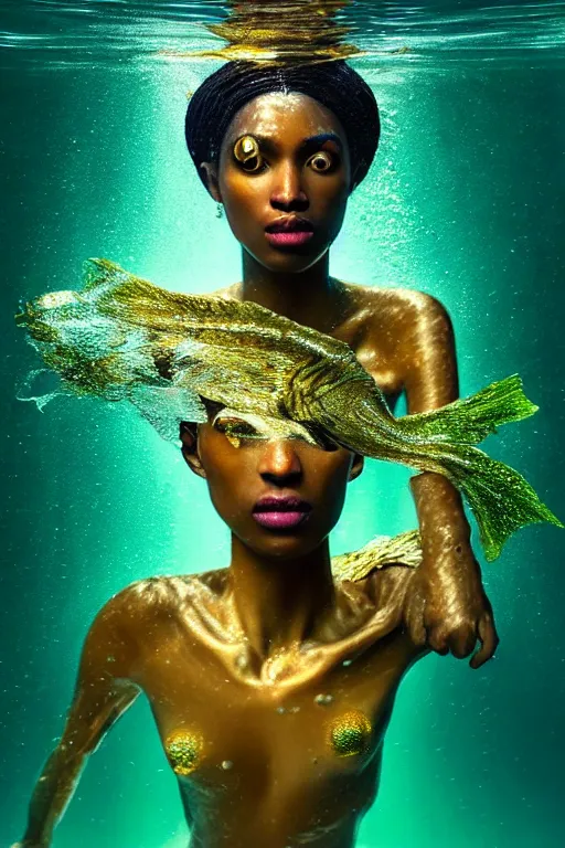 Image similar to hyperrealistic precisionist cinematic half underwater scene with fish and algae, very expressive! translucent elegant african goddess getting out of water, gold jewerly, highly detailed face, digital art masterpiece, aykut aydogdu zener, dramatic volumetric light, long shot, low angle uhd 8 k, sharp focus