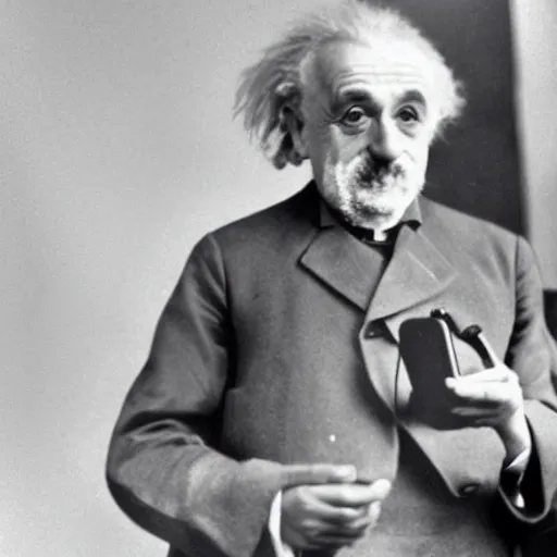 Prompt: alber Einstein showing his Samsung phone to camera , pov , full color picture