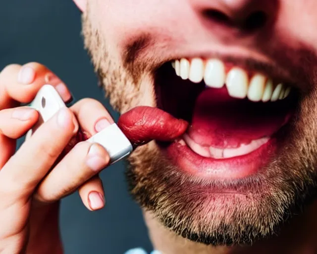 Prompt: close up of mans mouth eating a nokia phone