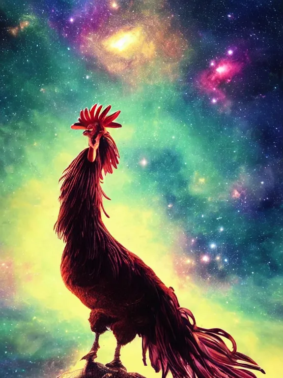 Image similar to a lone giant majestic rooster, centered, floating in space, center of the universe, \ galaxy cosmic nebula, epic, volumetric light, hyperrealistic, glitter, mega detailed, beautiful composition, beautiful lighting, unreal render, 4 k, vincent di fate, john berkey, michael whelan