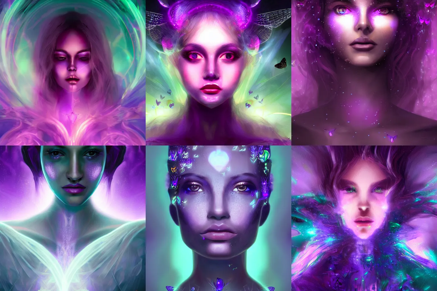 Prompt: closeup portrait of an ethereal person made of purple light, divine, cyberspace, mysterious, surrounded by butterflies, dark high-contrast concept art, trending on Artstation