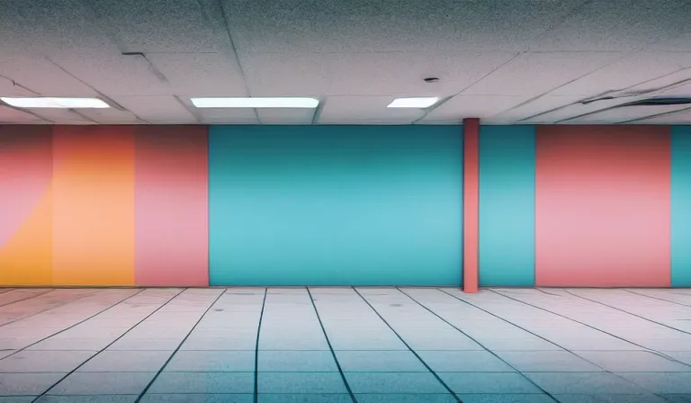 Image similar to a beautiful, sharp focus, clean lines. the interior of a vast deserted 1 9 8 0's shopping mall. vaporwave ombre rendering. outrun style. trending on artstation. recommended for you behance. wes anderson colors. by chris moore. by edward hopper. ambient occlusion. digital matte painting. metropolis filmic. gotham city.