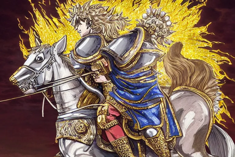 Image similar to an ultra detailed portrait of king richard the lionhearted as a shonen anime protagonist charing into battle wearing bright gold armor and riding a horse bless by god, 8 k, volumetric lighting, art by kentaro miura and akira toriyama