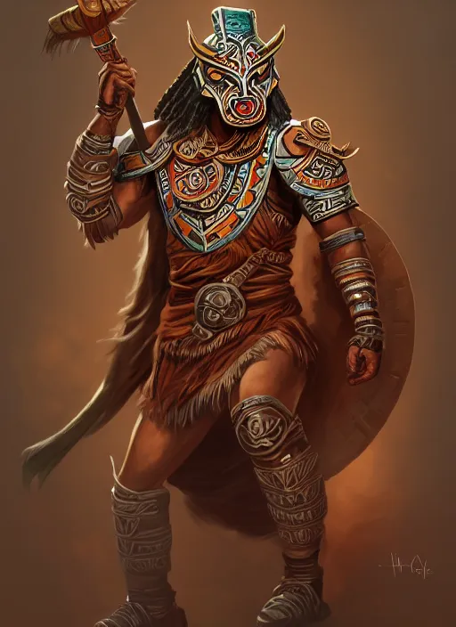 Prompt: a highly detailed illustration of tribal masked aztec warrior wearing brown robe, heroic fist pose, intricate, elegant, highly detailed, centered, digital painting, artstation, concept art, smooth, sharp focus, league of legends concept art, wlop.