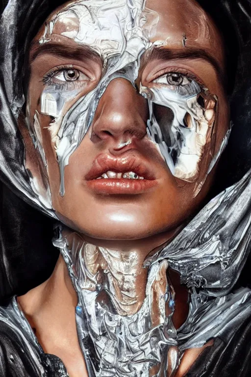 Prompt: hyperrealism mixed with classicism, oil painting, close - up view of face of fashion model in front of melting cyborg face, fully clothes in black reflect robe, complete darkness, in style of classicism mixed with 8 0 s sci - fi hyperrealism