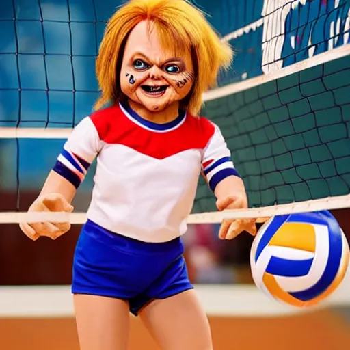 Prompt: screaming chucky doll playing volleyball and wearing tight volleyball shorts