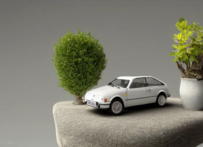 Prompt: a small miniature of a Lancia Lybra 2000 on a white table near a book and a vase with a plant, 3d render, octane render, unreal engine 5, path tracing, serene landscape, calm, relaxing, beautiful landscape, highly detailed, high quality, 4k, symmetrical, low contrast
