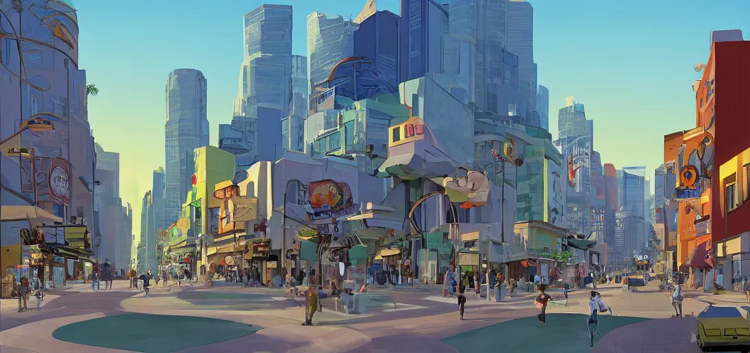 Image similar to futuristic street at a l. a. cityscape, visual development by lou romano, evening at dusk, pixar