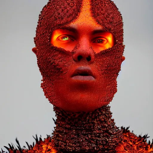 Image similar to a portrait of a beautiful young male wearing an alexander mcqueen armor made of lava , photographed by andrew thomas huang, artistic