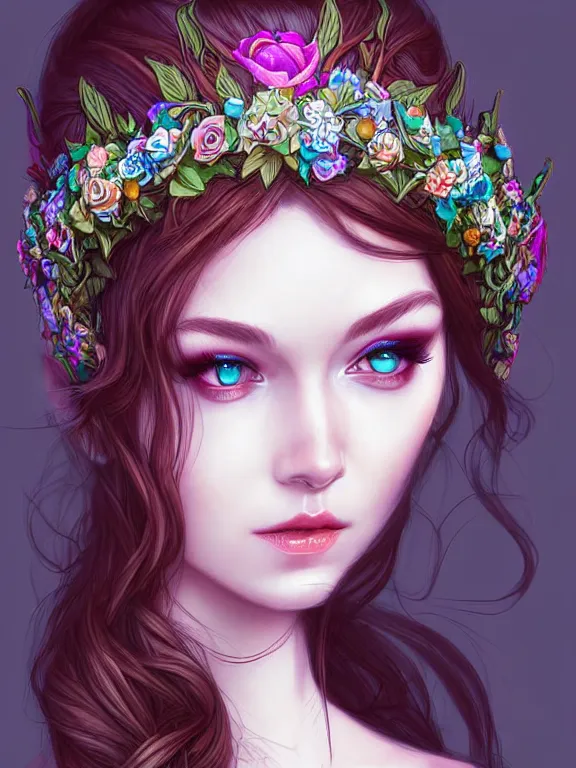 Image similar to digital art, centered elven bride, vivid flower crown ,intricate, veins, by James Jean and by artgerm , ultradetailed, charachter design, concept art, trending on artstation,