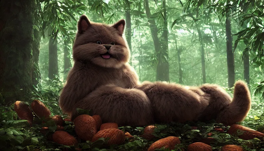 Image similar to lovely furry creature who made a sofa from avocado in the summer forest, by ilya kuvshinov, rtx rendering, octane render 1 2 8 k, maya, extreme high intricate details by tom bagshaw, medium shot, close up shot, composition by sana takeda, lighting by greg rutkowski