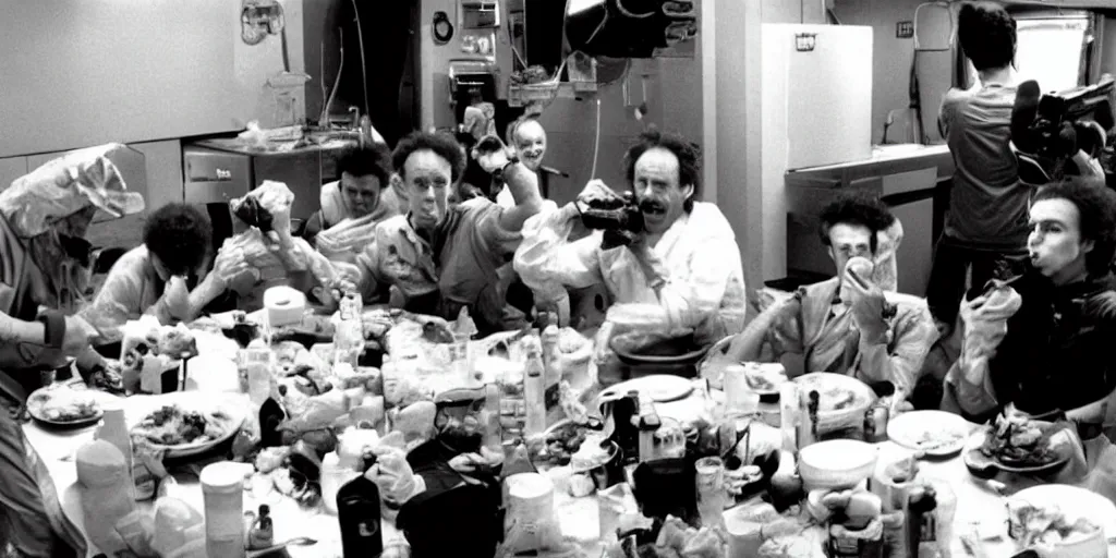 Prompt: color film still, behind the scenes of filming, actors eating lunch. ; alien 2 ( 1 9 8 6 )