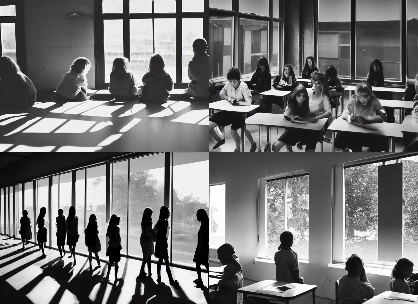 Prompt: students in a classroom at night, blue tint, moonlight coming through window, long shadows