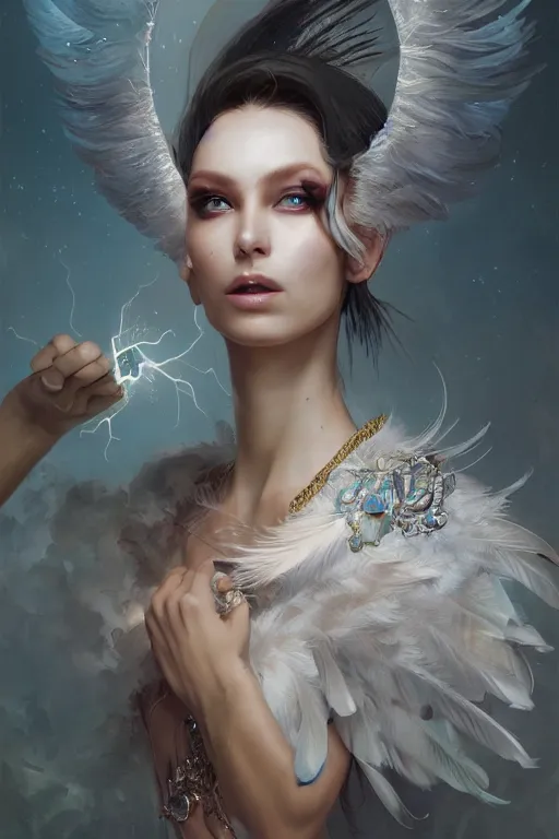 Image similar to beautiful model wearing icel white feathers, diamonds, jewelry, angel, fantasy, dramatic lighting, highly detailed, digital painting, holding electricity, magic the gathering, hyper detailed, 3 d render, hyper realistic detailed portrait, peter mohrbacher, wlop, ruan jia