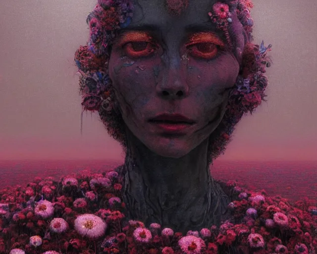 Image similar to A portrait of a woman wearing clothes made out of dying flowers, nuclear explosion in the background, Masterpiece, deep black skin, glowing, wires everywhere, by Edgar Maxence and Ross Tran, Zdzisław Beksiński, and Michael Whelan, distant, gustav dore, H.R. Giger, 8k, octane render