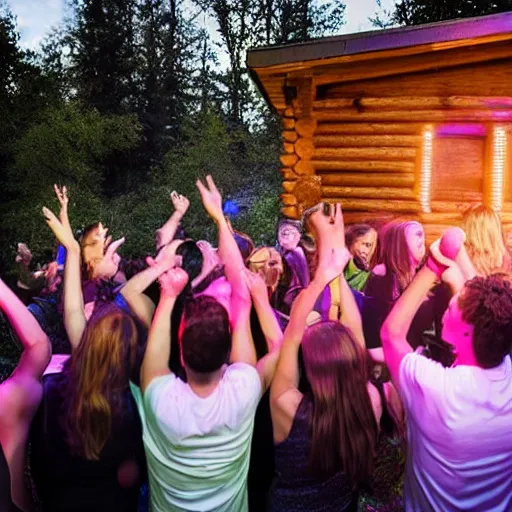 Prompt: group of friends raving outside a woodland cabin, big speaker stack, club lighting