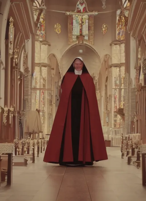Image similar to film still of Sofia Verga dressed as a nun, revealing nun outfit, church interior, 4k