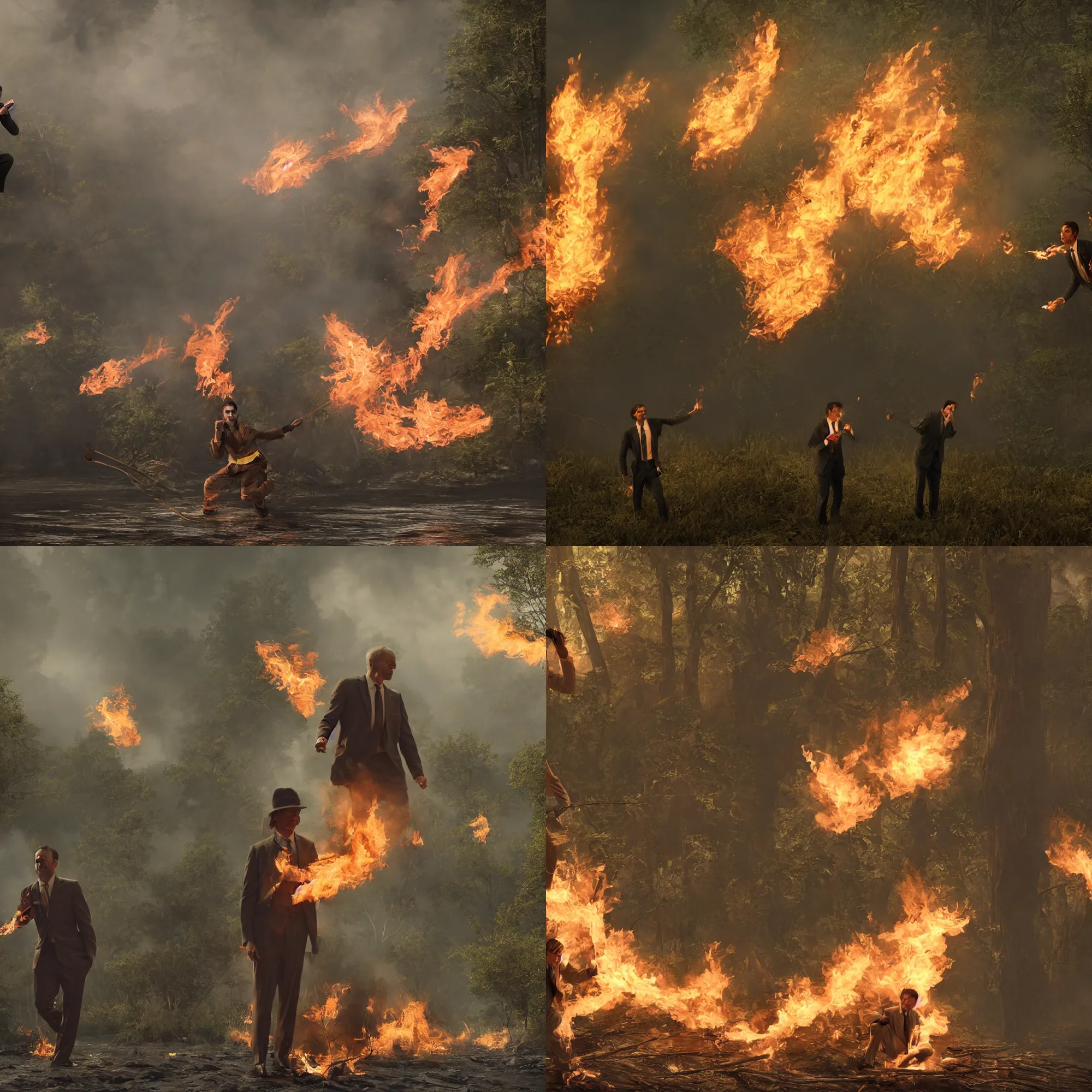 Prompt: a still by James Gurney , Charlie Immer of Juan Cabandie in suit setting fire to the wild nature near a river, sharp focus, octane render 8k , dramatic lighting