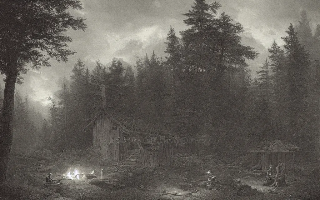 Prompt: small wood cabin with a small campfire on the edge of a forest overlooking a beautiful valley at dusk, cinematic lighting, intricate ink illustration, by albert bierstadt