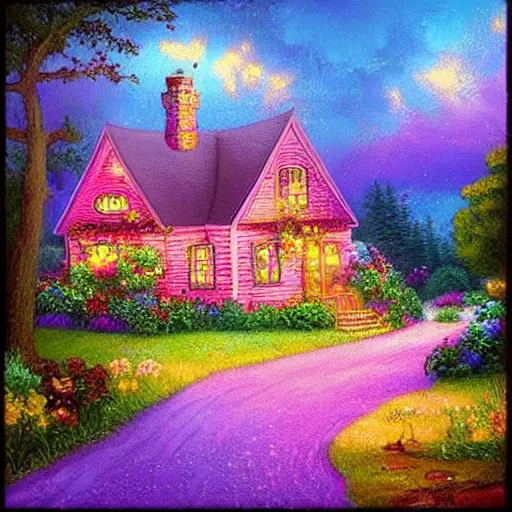 Prompt: pastel cottage, thomas kincade with lisa frank's pallet and a touch of peyote. - g