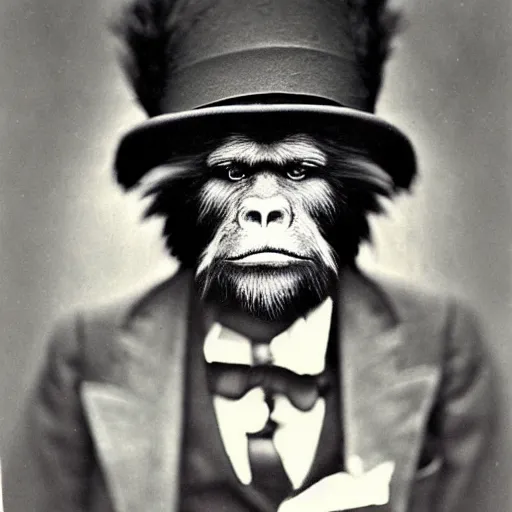 Prompt: a vintage wet plate portrait of a dignified bigfoot with a top hat and cane, extremely detailed, by robert capa!!!!!!!!!!!!!!!!!!