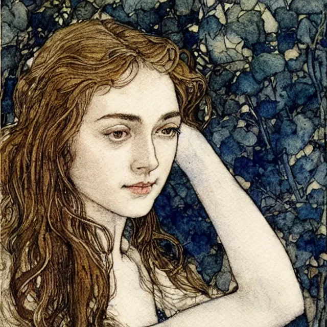 Prompt: a detailed, intricate watercolor and ink portrait illustration with fine lines of young 1 4 year old saoirse gal ronan gadot looking over her shoulder, by arthur rackham and edmund dulac and walter crane