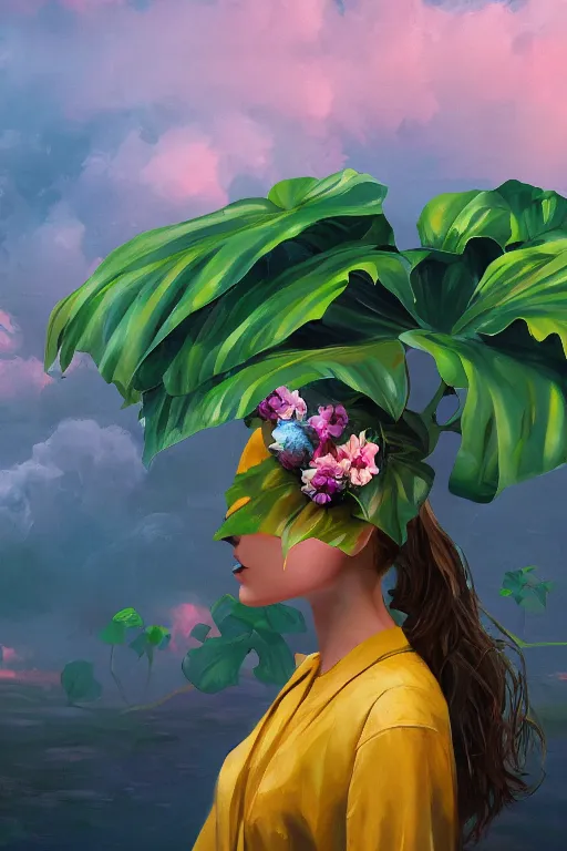 Image similar to closeup, girl with giant flower head, between monsteras, surreal photography, wind and cold, dramatic sky, impressionist painting, digital painting, artstation, simon stalenhag