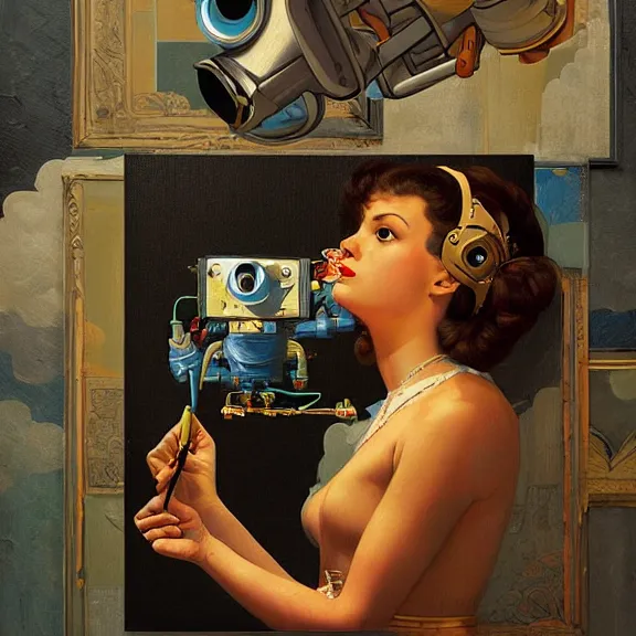 Prompt: robot artist painting a self - portrait on a canvas. intricate, highly detailed, photorealistic, digital matte painting, in the style of alexandros pyromallis, and in the style of sachin teng, and in the style of hans thoma, and in the style of gil elvgren. irony, recursion, inspiration.