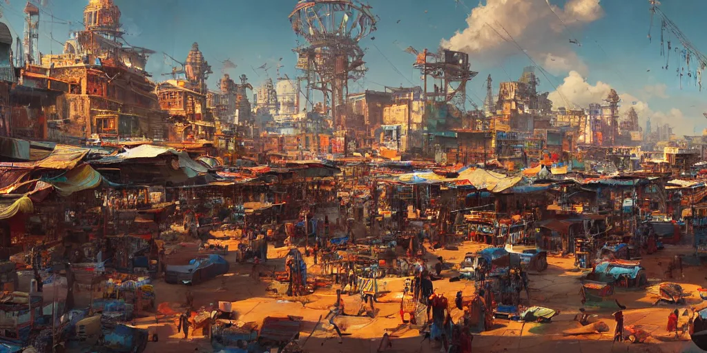 Prompt: screenshot of a vibrant indian marketplace in a massive makeshift city, dappled light, colossal arcing metal structures high in the sky, beautiful, awe inspiring, fps, by james gurney, greg rutkowski, sparth, cinematography, cinematic masterpiece