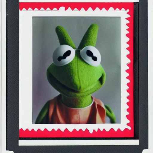 Image similar to Kermit the frog wearing a mohawk, polaroid photo, instax, white frame, by Warhol,