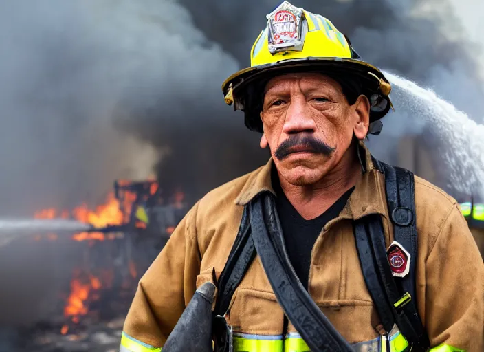 Image similar to photo of danny trejo as a firefighter putting out a big fire, 8 k, 8 5 mm f 5. 6