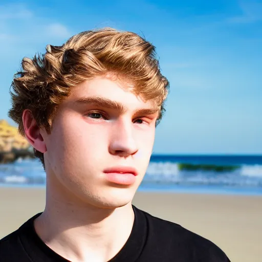Image similar to portrait of a beautiful teenage boy around 2 0 yo. natural blonde hair, pale skin. slight overweight. beach background. detailed face.