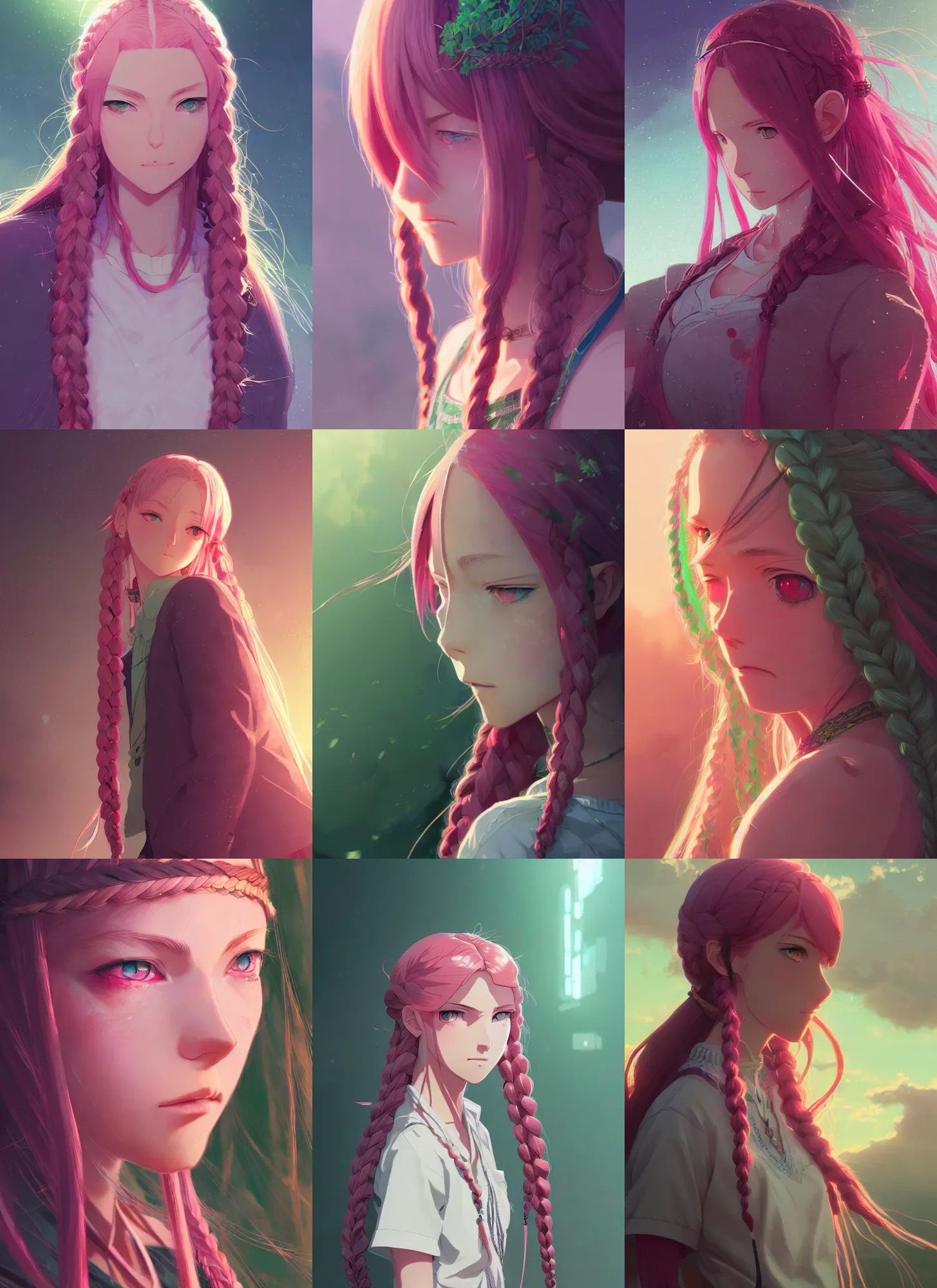 Prompt: young woman with green eyes and long pink hair in braids, intricate, cinematic lighting, highly detailed, digital painting, pixiv, concept art, smooth, sharp focus, illustration, by makoto shinkai and akihiko yoshida