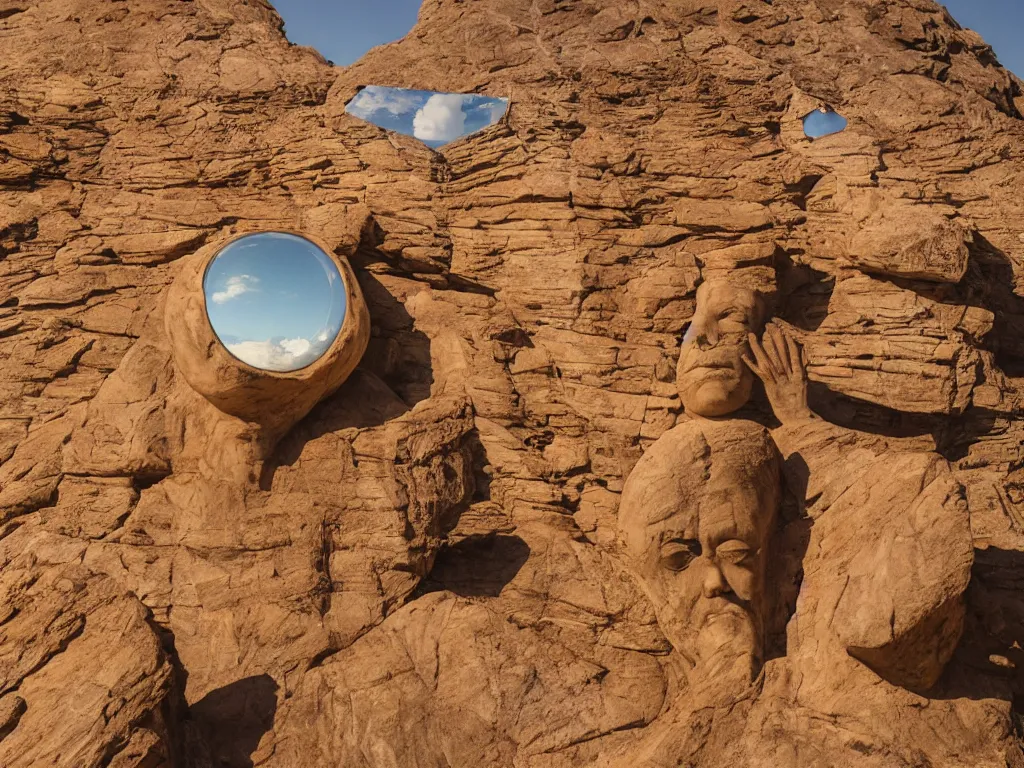 Prompt: levitating bene gesserit rock statue with full - face golden mask in a dry rocky desert landscape, visible sky and sunny atmosphere, fata morgana and giant square mirrors by alejandro jodorowsky, anamorphic lens, kodakchrome, practical effects, masterpiece, 8 k