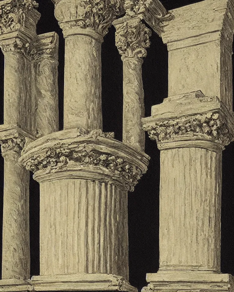 Image similar to achingly beautiful painting of intricate ancient roman corinthian capital on black background by rene magritte, monet, and turner. giovanni battista piranesi.