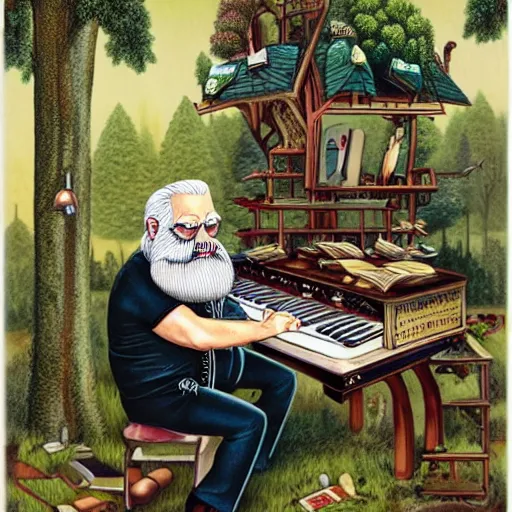 Image similar to old man white beard playing a synthesizer in a tree house, notes and clefs listening , lowbrow surrealistic, in the style of Mark Ryden,