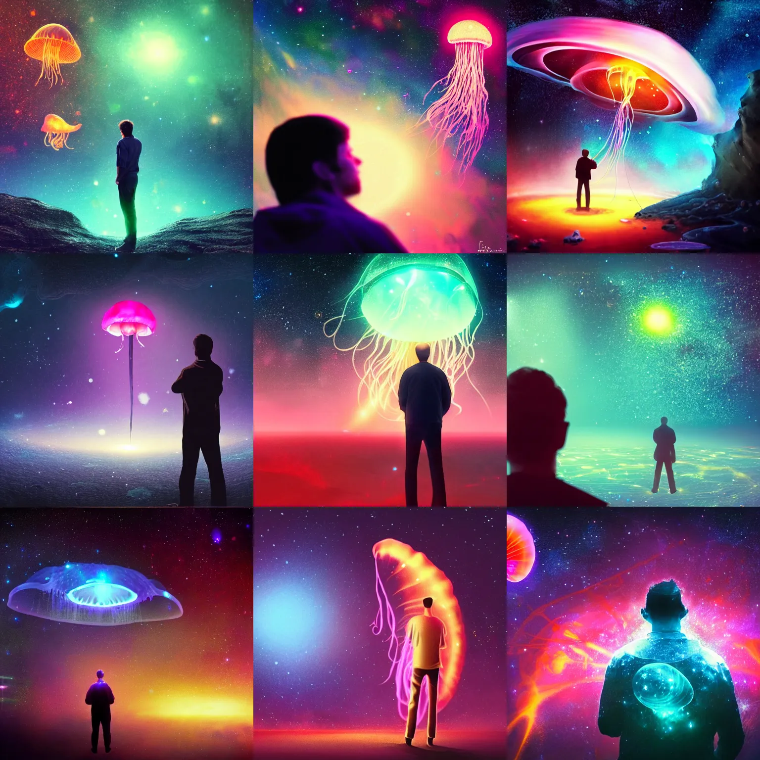 Image similar to over the shoulder photo of a man watching a magic glowing jellyfish in glowing cosmic stardust, colorful stars, galaxies, space, award winning photo, intricate, high detail, atmospheric, desolate, artstation