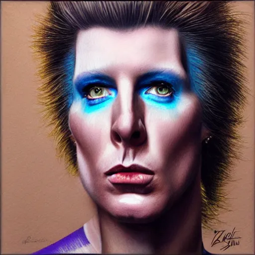 Prompt: Caricature portraits done of Ziggy Stardust, realistic, hyperrealistic, very realistic, highly detailed, very detailed, extremely detailed, detailed, oil painting, digital art, trending on artstation