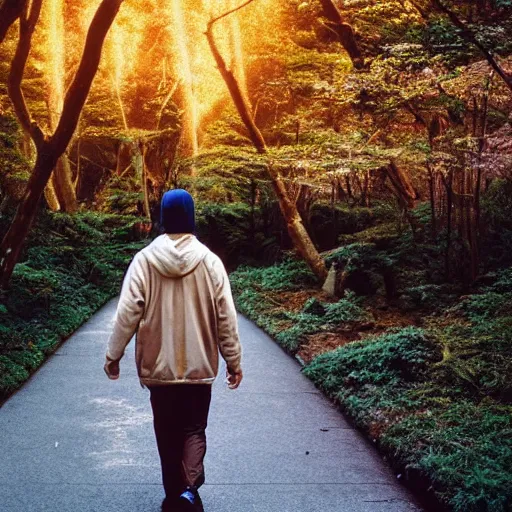 Image similar to 1 9 9 0 s candid 3 5 mm photo of a beautiful forest in tokyo, cinematic lighting, cinematic look, golden hour, the clouds are epic and colorful with cinematic rays of light, a man walks down the center of the forest with a beanie on, photographed by petra collins, uhd