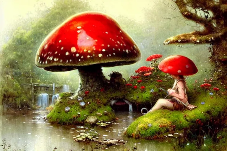 Prompt: adventurer ( ( ( ( ( 1 9 5 0 s retro future forrest of giant mushrooms, moss and flowers stone bridge waterfall and cottage. muted colors. ) ) ) ) ) by jean baptiste monge!!!!!!!!!!!!!!!!!!!!!!!!! chrome red